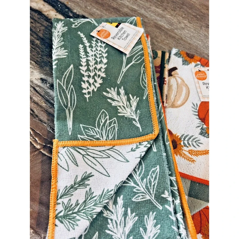 Perfect Harvest Reversible Kitchen Towels Leaves Sunflowers Pumpkin Lot of 5 BxA